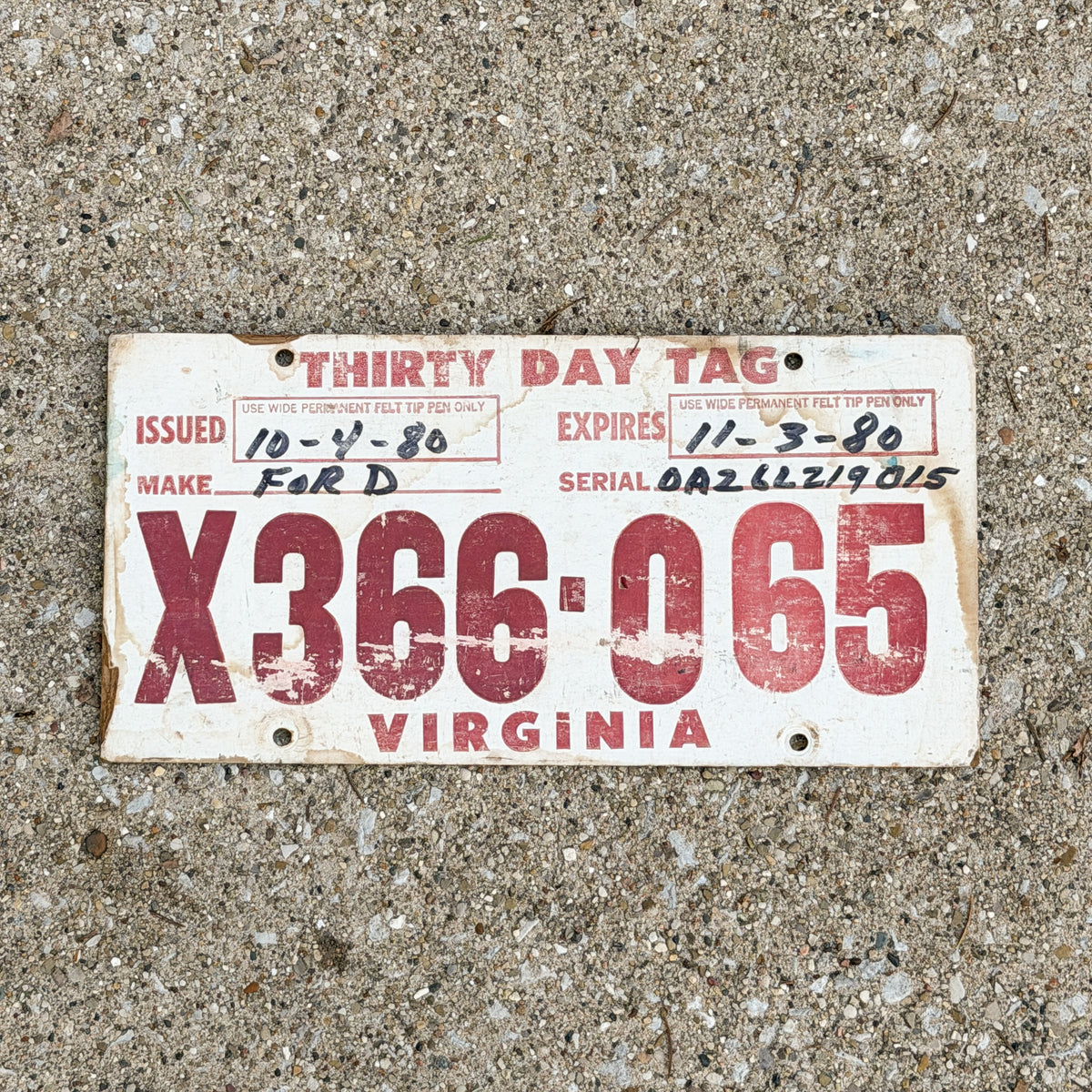 Photo of a 1972 1980 Virginia Temporary License Plate Auto Tag Garage Decor Vintage Fiberboard Ford X 366 065 with original patina