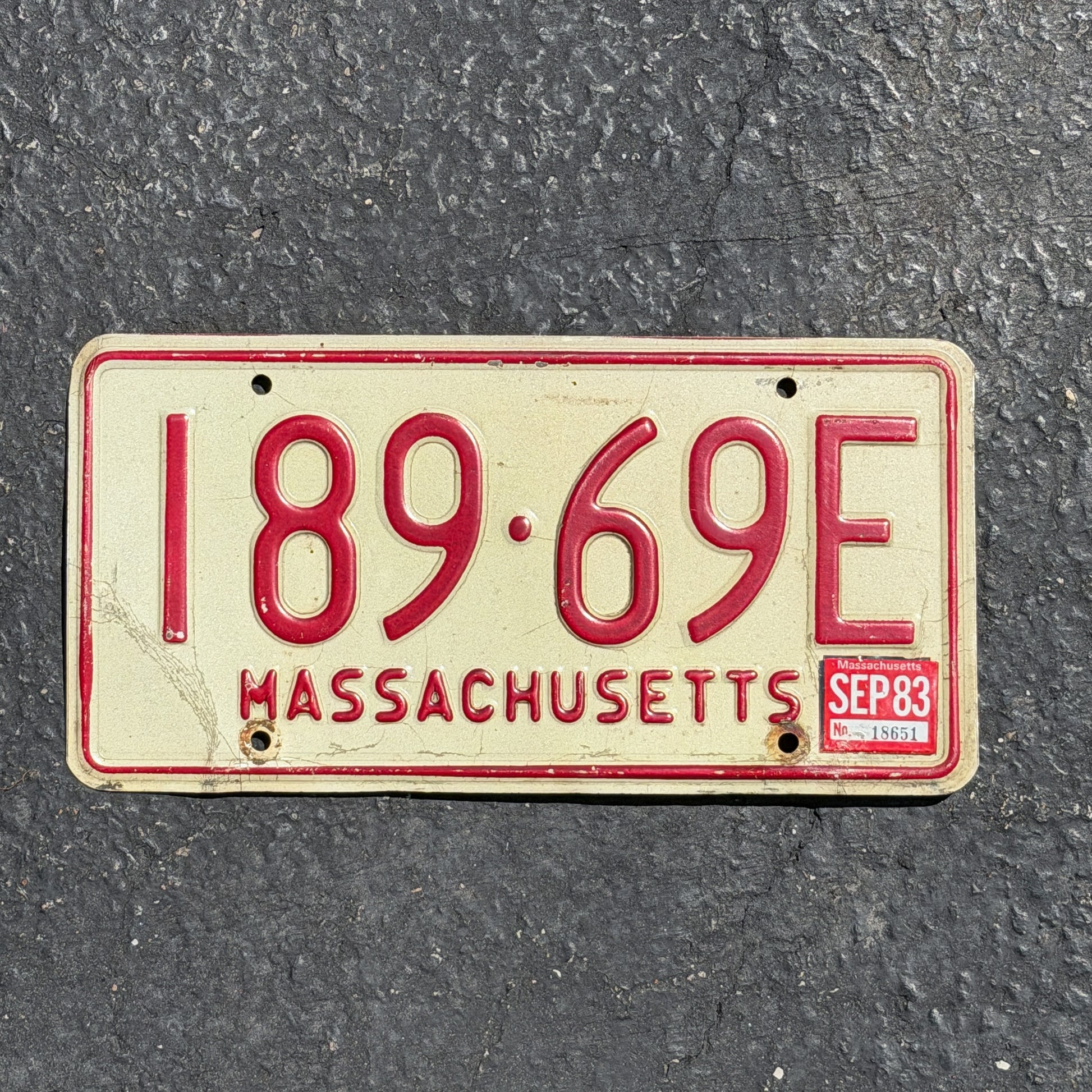Photo of a 1972 1983 Massachusetts License Plate Auto Tag Garage Decor Vintage 189 69E with original patina