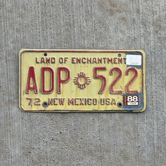 Photo of a 1972 1988 New Mexico License Plate Auto Tag Garage Decor Vintage ADP 522 with original patina