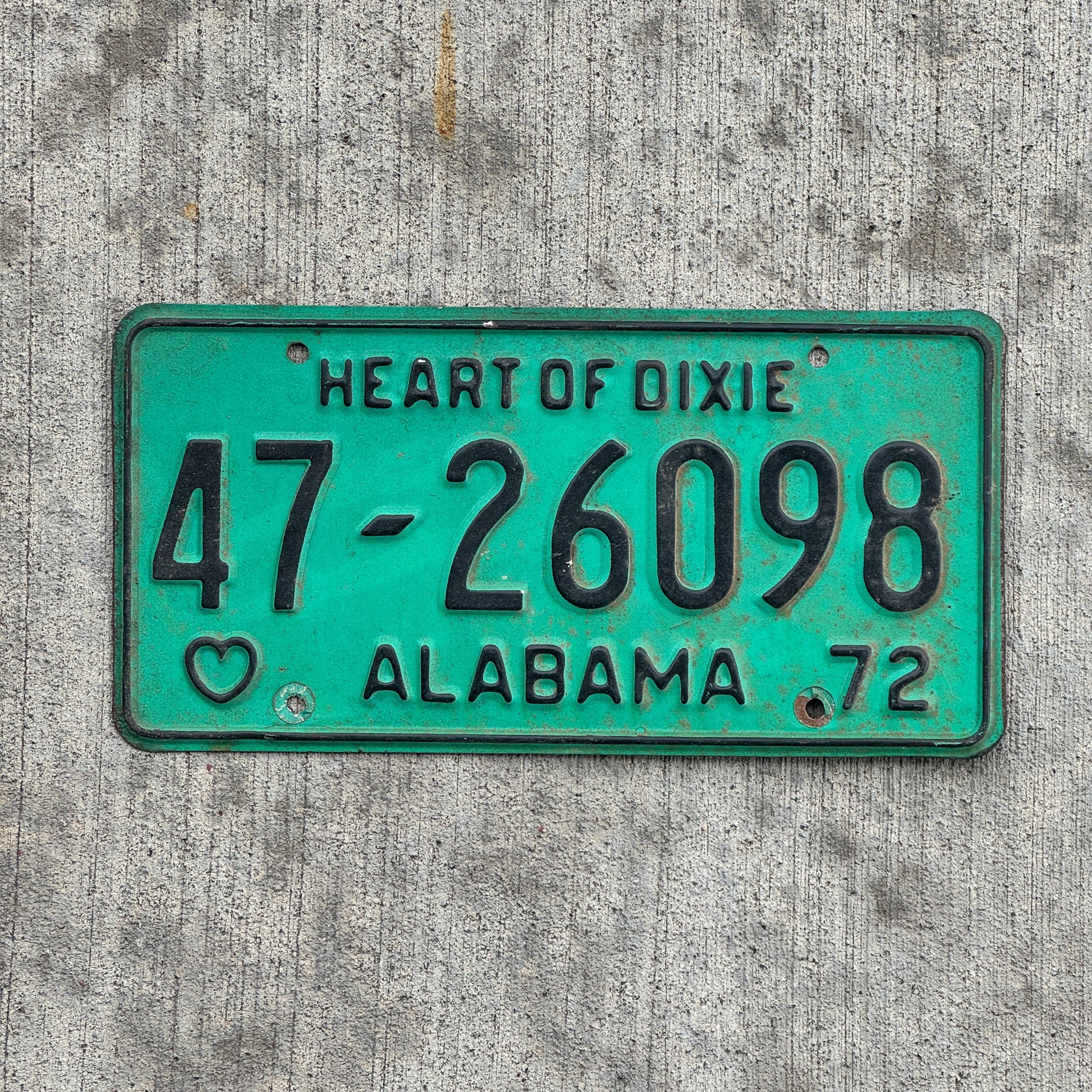 Photo of a 1972 Alabama License Plate Auto Tag Garage Decor Vintage Heart of Dixie 47 26098 with original patina