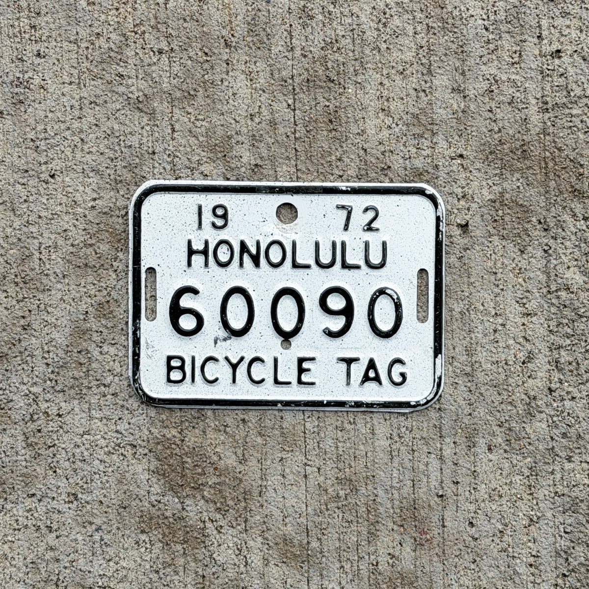 Photo of a 1972 Honolulu Hawaii Bicycle License Plate Auto Tag Garage Decor Vintage Bike 60090 with original patina