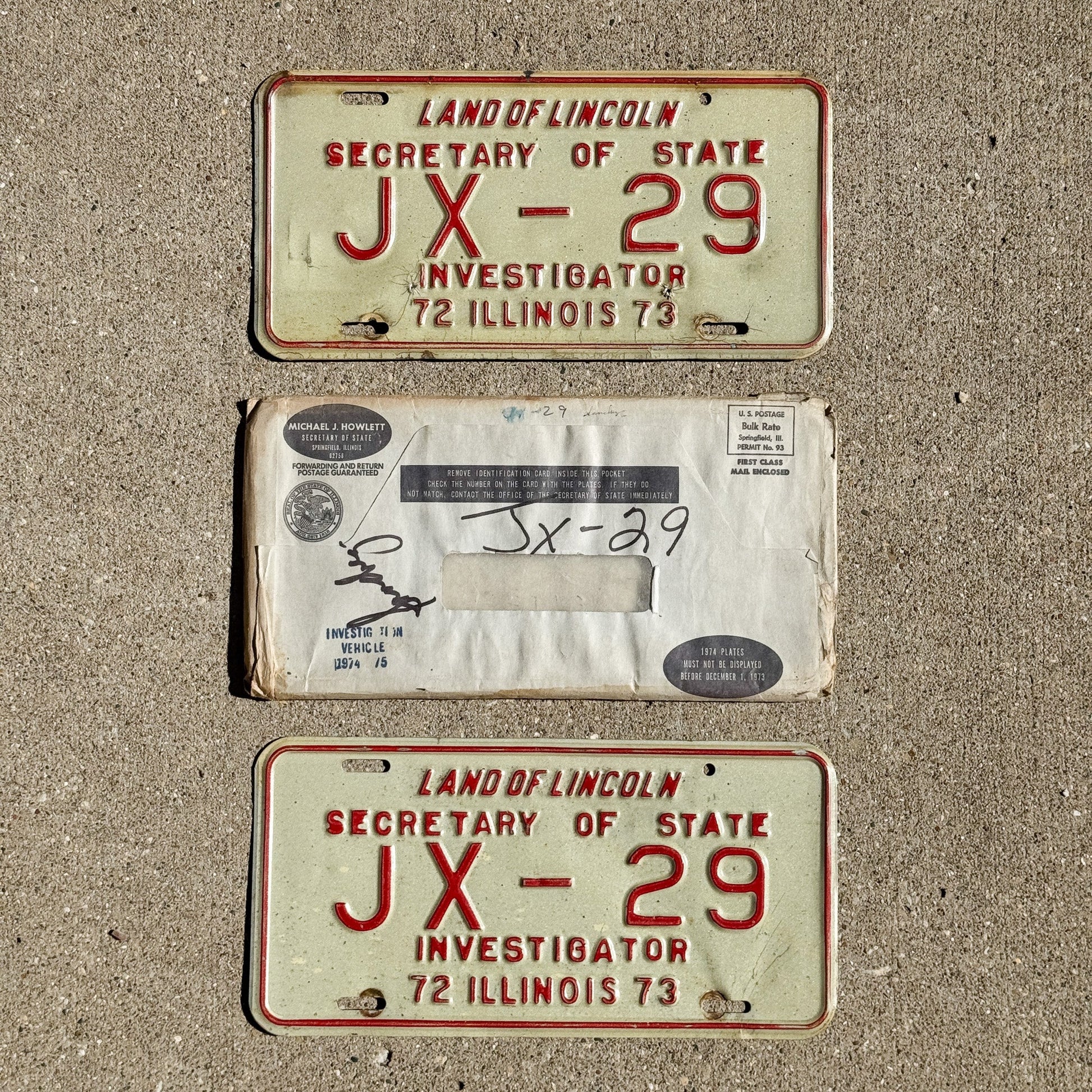 Photo of a 1972 Illinois Investigator License Plate Pair Auto Tag Garage Decor Vintage Secretary Of State JX 29