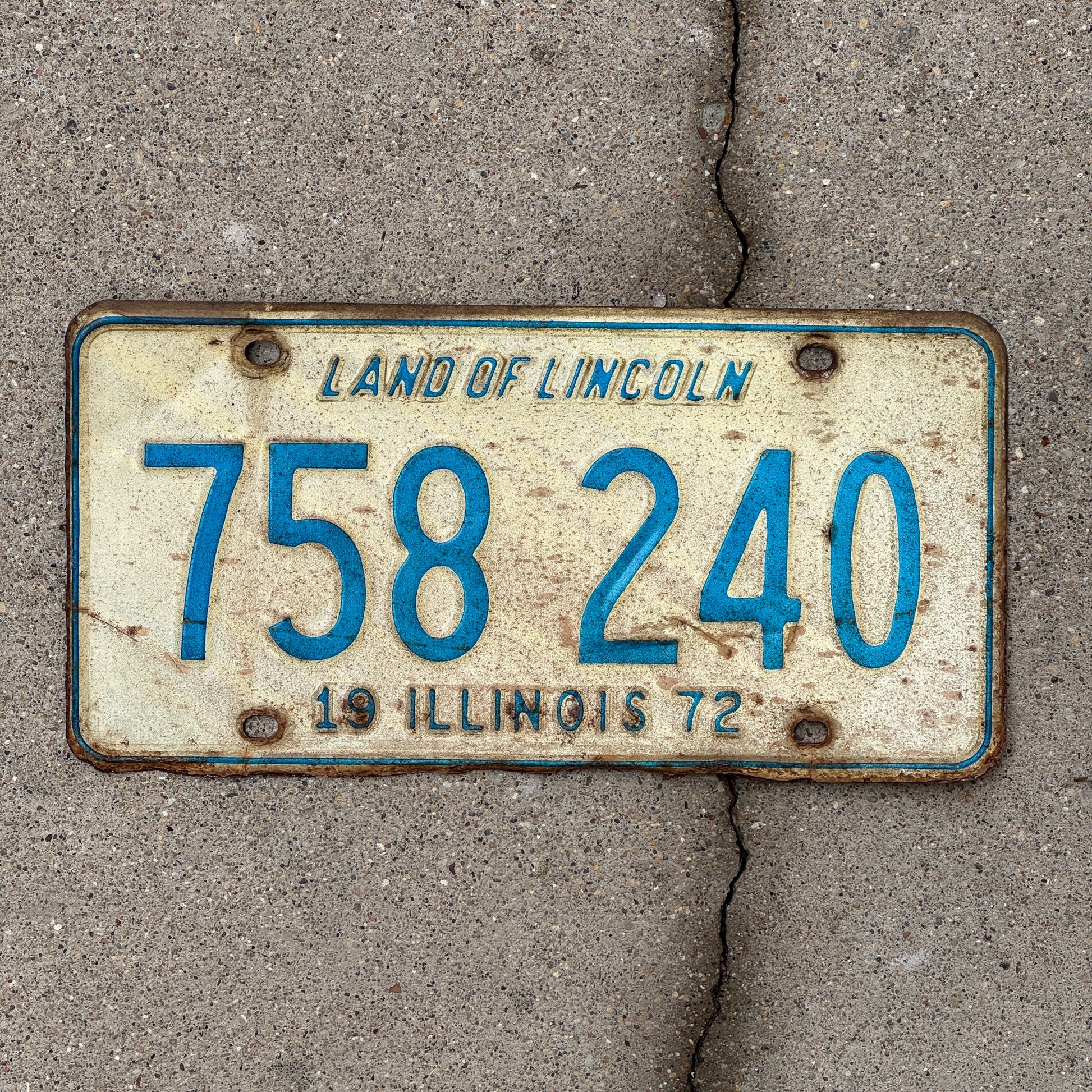 Photo of a 1972 Illinois License Plate Auto Tag 1 Vintage Garage 758 240 with original patina