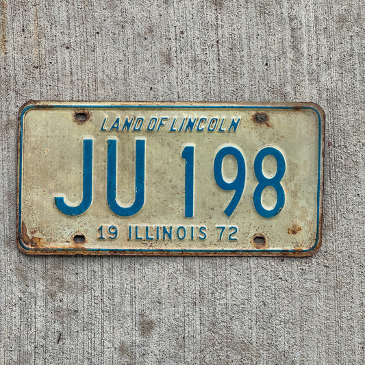 Photo of a 1972 Illinois License Plate Auto Tag 1 Vintage Garage JU 198 with original patina