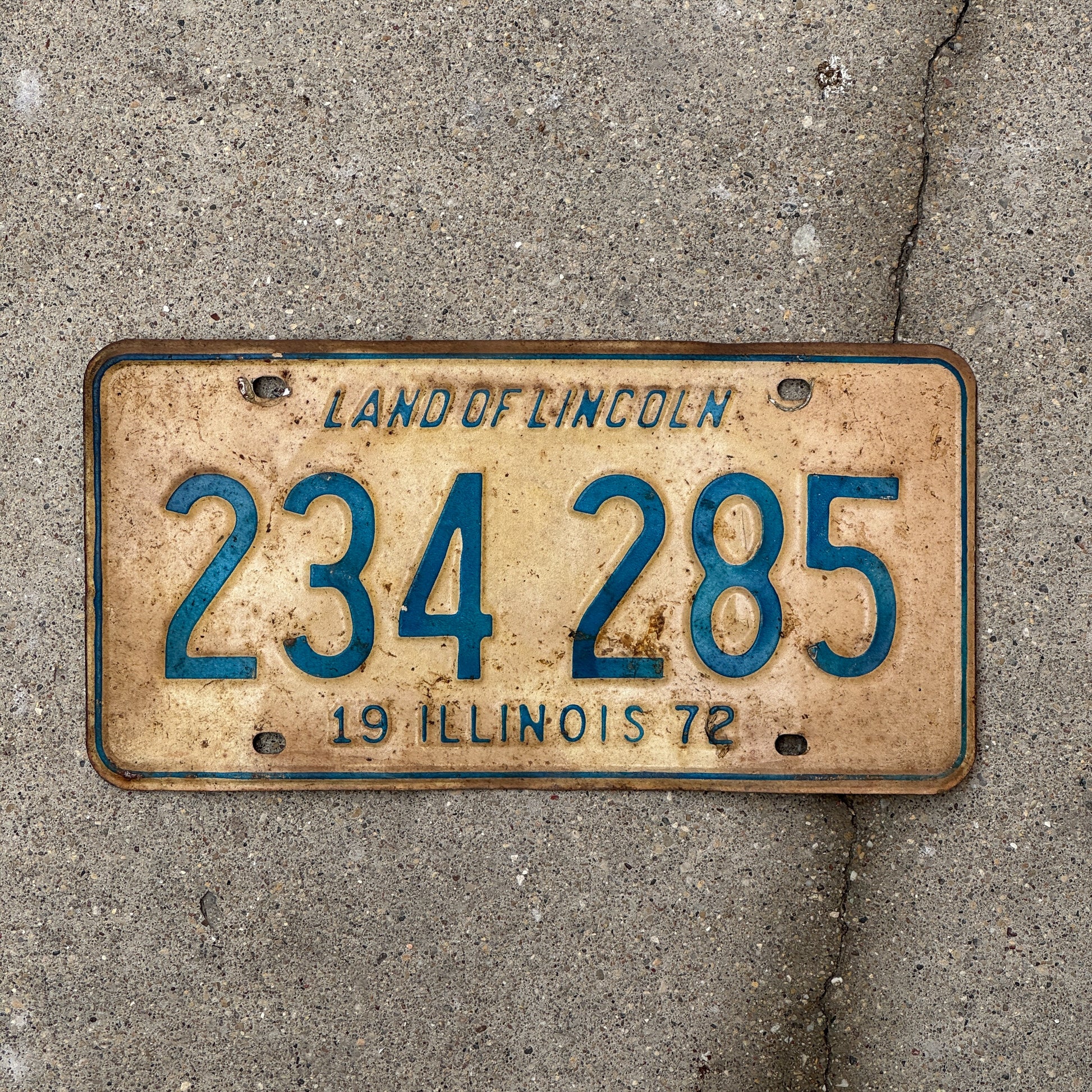 Photo of a 1972 Illinois License Plate Auto Tag 2 Vintage Garage 234 285 with original patina