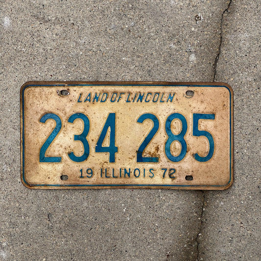 Photo of a 1972 Illinois License Plate Auto Tag 2 Vintage Garage 234 285 with original patina