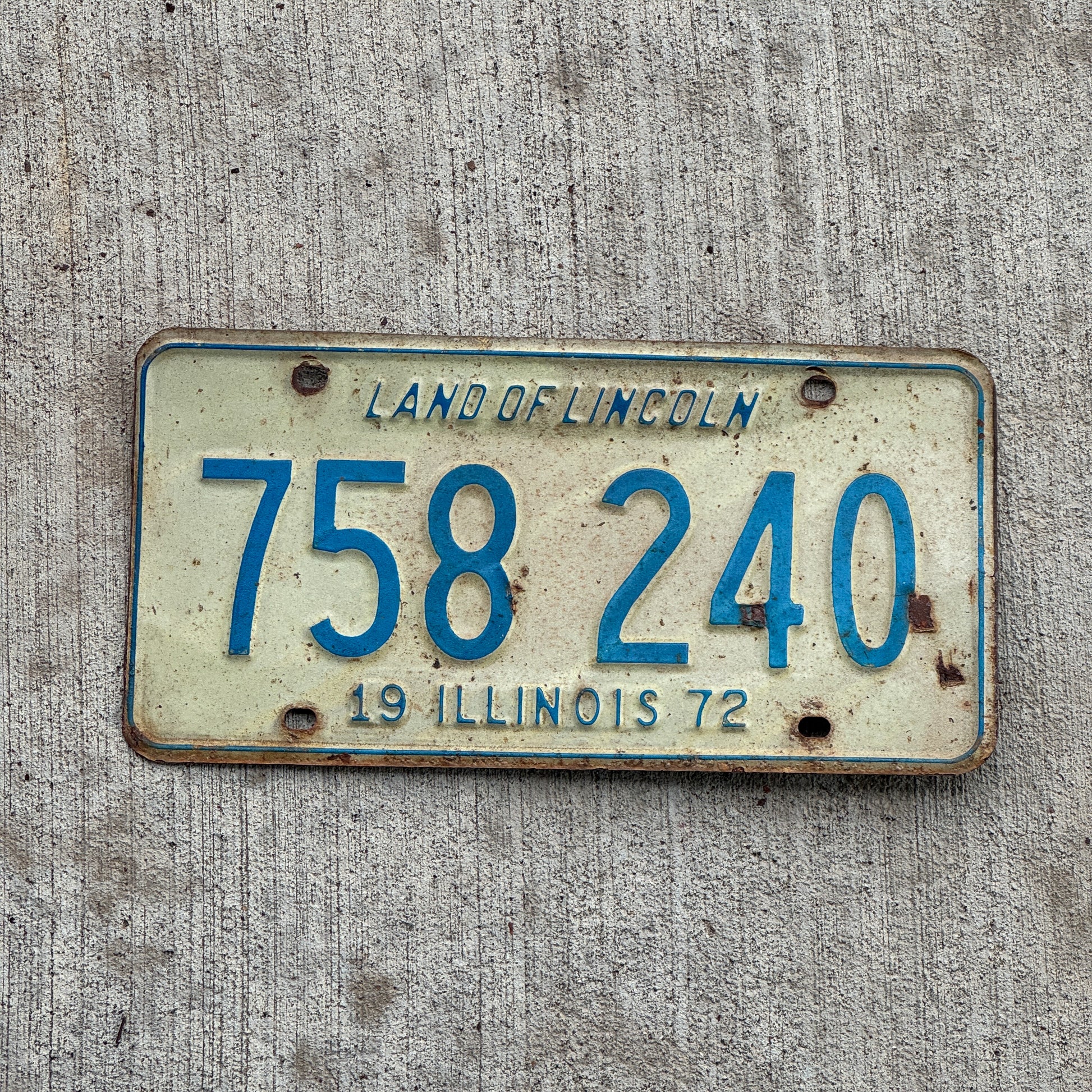 Photo of a 1972 Illinois License Plate Auto Tag 2 Vintage Garage 758 240 with original patina