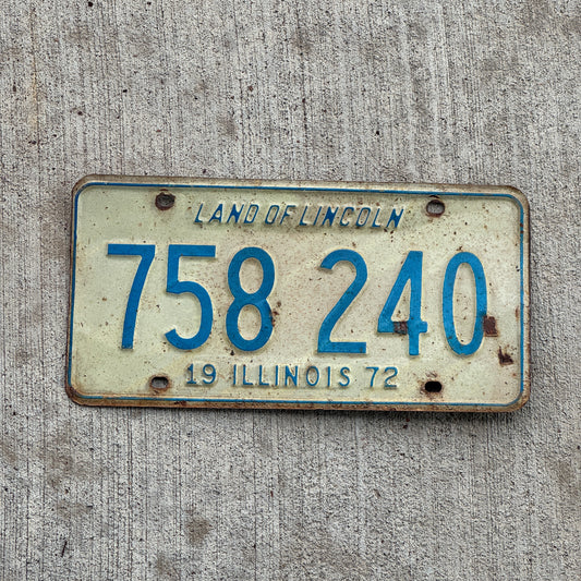 Photo of a 1972 Illinois License Plate Auto Tag 2 Vintage Garage 758 240 with original patina
