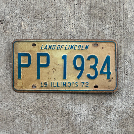Photo of a 1972 Illinois License Plate Auto Tag Garage Decor Vintage Birth Year PP 1934 with original patina