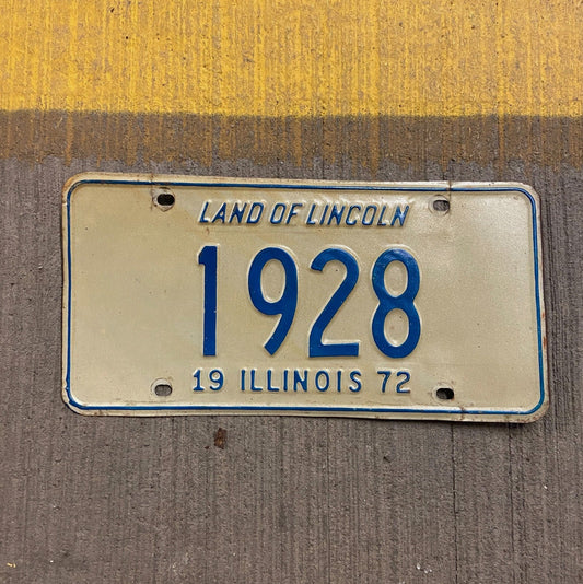 Photo of a 1972 Illinois License Plate Auto Tag Garage Decor Vintage Low Number Four Digit 1928 with original patina