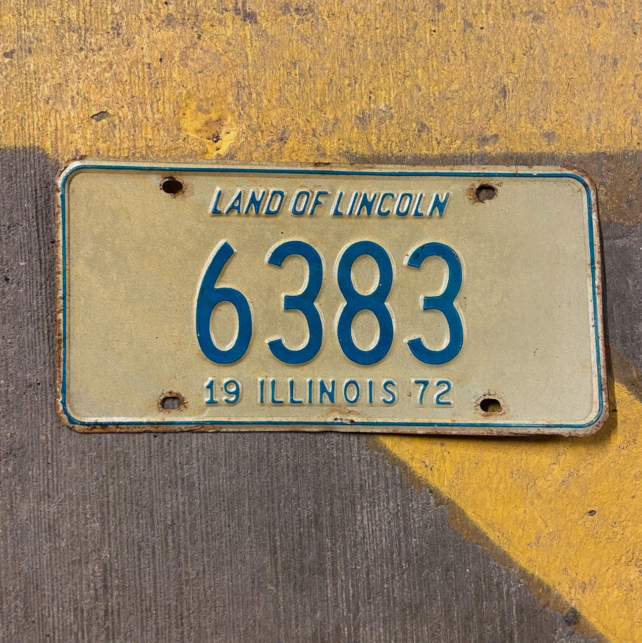 Photo of a 1972 Illinois License Plate Auto Tag Garage Decor Vintage Low Number Four Digit 6383 with original patina