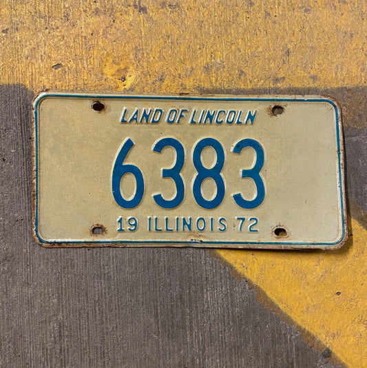 Photo of a 1972 Illinois License Plate Auto Tag Garage Decor Vintage Low Number Four Digit 6383 with original patina