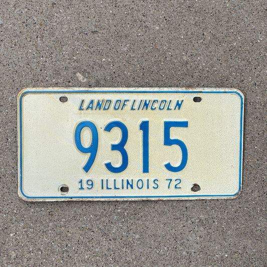 Photo of a 1972 Illinois License Plate Auto Tag Garage Decor Vintage Low Number Four Digit 9315 with original patina