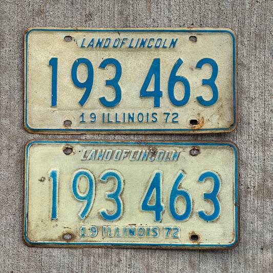Photo of a 1972 Illinois License Plate Pair Auto Tag Garage Decor Vintage 193 463 with original patina