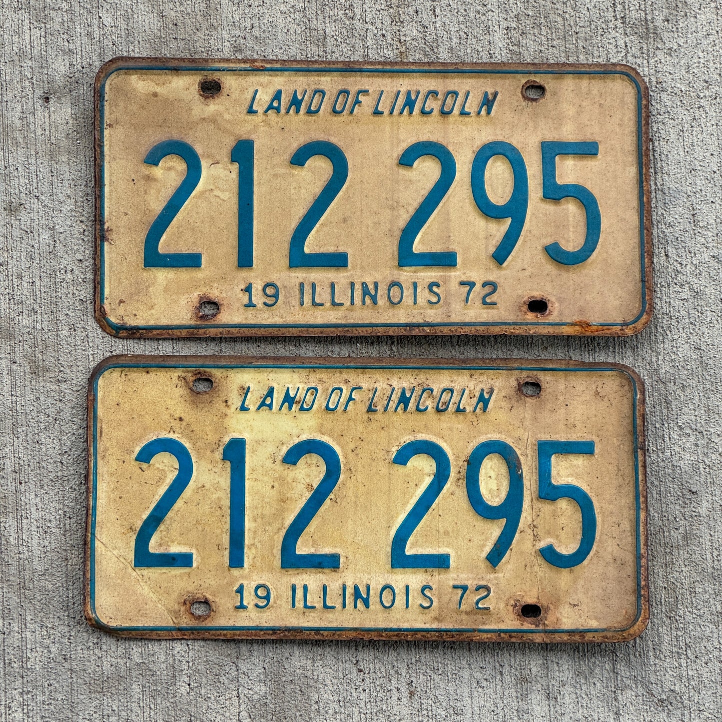 Photo of a 1972 Illinois License Plate Pair Auto Tag Garage Decor Vintage 212 295 with original patina