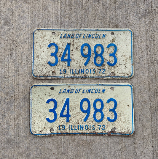 Photo of a 1972 Illinois License Plate Pair Auto Tag Garage Decor Vintage 34983 with original patina