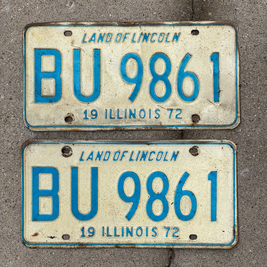 Photo of a 1972 Illinois License Plate Pair Auto Tag Garage Decor Vintage BU 9861 with original patina