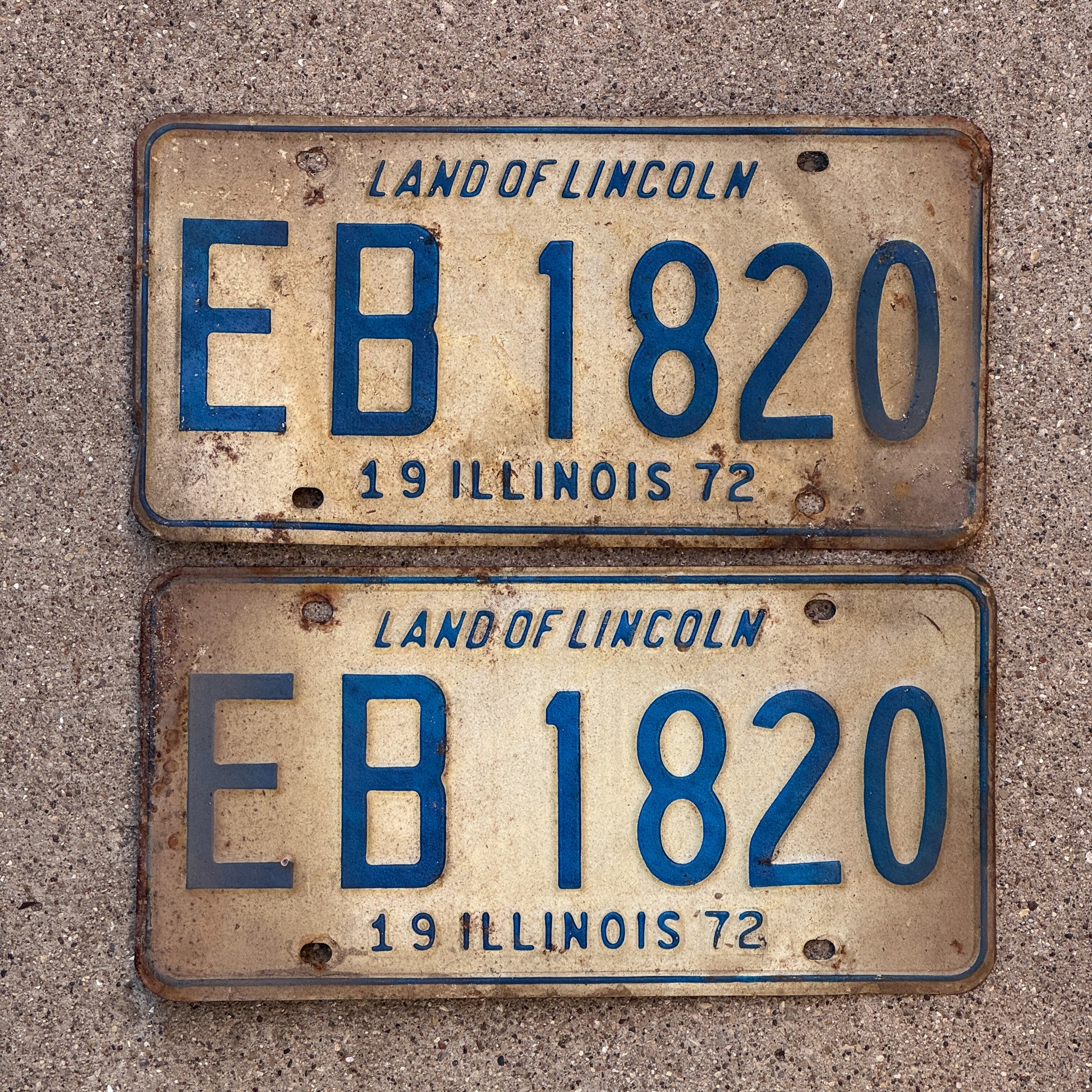Photo of a 1972 Illinois License Plate Pair Auto Tag Garage Decor Vintage EB 1820 with original patina