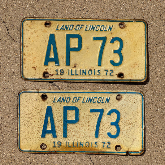 Photo of a 1972 Illinois License Plate Pair Auto Tag Garage Decor Vintage Initials Name AP 73