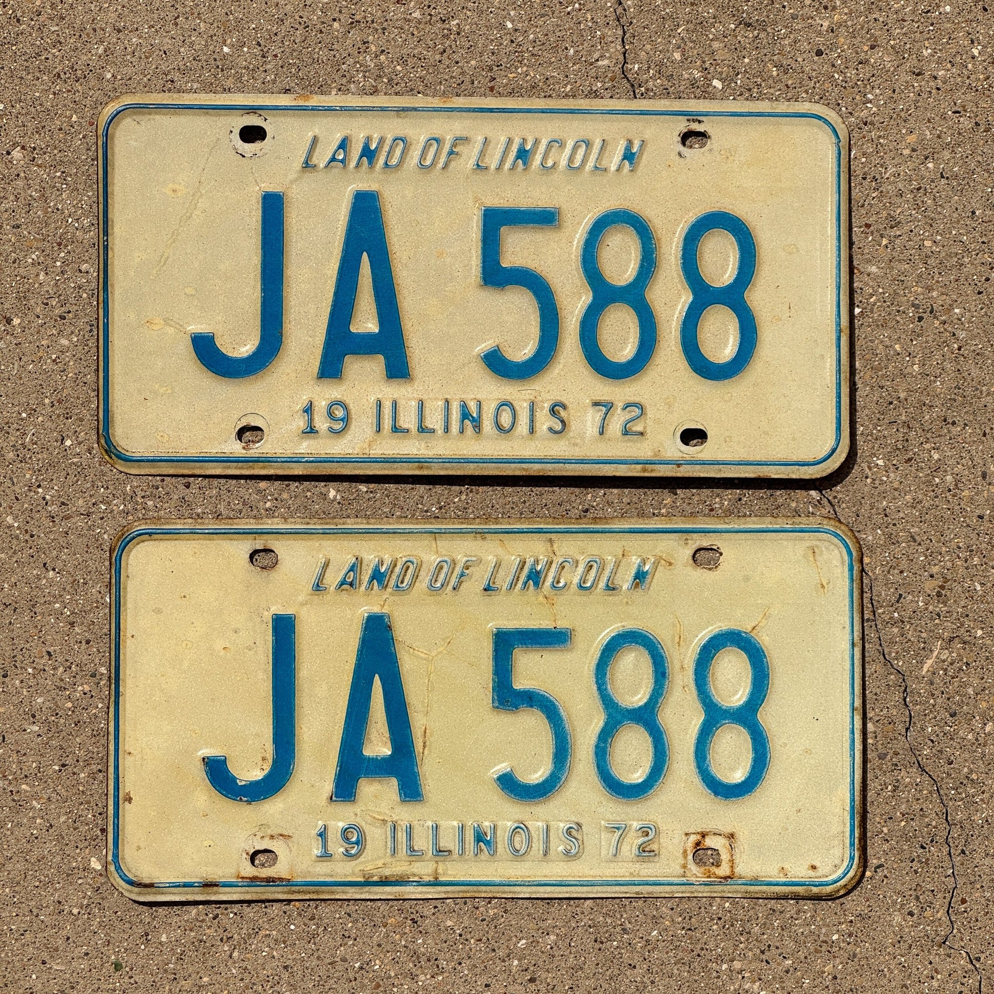 Photo of a 1972 Illinois License Plate Pair Auto Tag Garage Decor Vintage Initials Name JA 588