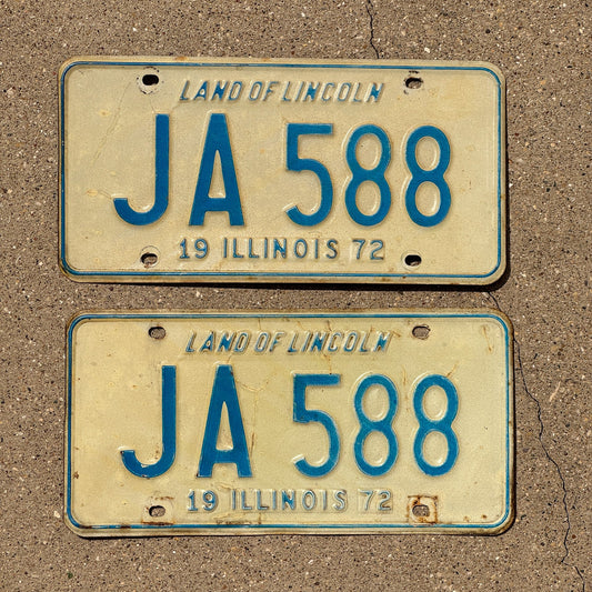 Photo of a 1972 Illinois License Plate Pair Auto Tag Garage Decor Vintage Initials Name JA 588