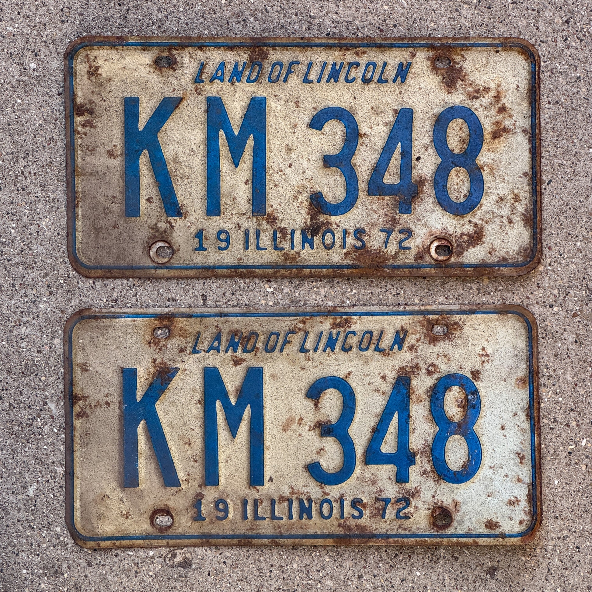 Photo of a 1972 Illinois License Plate Pair Auto Tag Garage Decor Vintage KM 348 with original patina