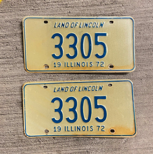 Photo of a 1972 Illinois License Plate Pair Auto Tag Garage Decor Vintage Low Number Four Digit 3305 with original patina