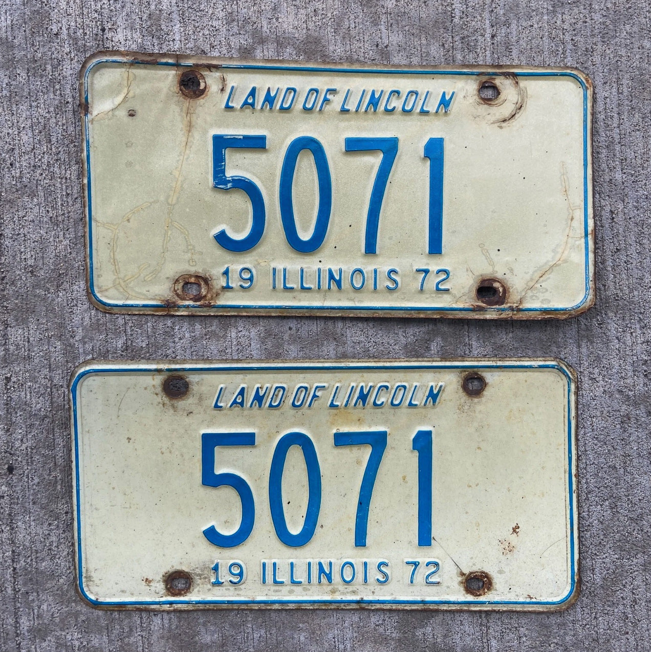 Photo of a 1972 Illinois License Plate Pair Auto Tag Garage Decor Vintage Low Number Four Digit 5071 with original patina