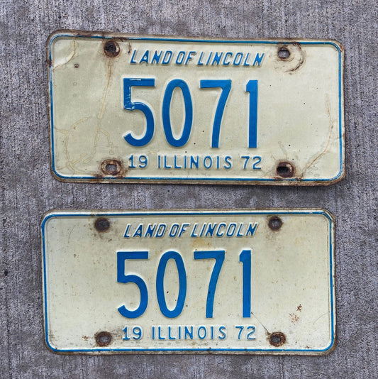 Photo of a 1972 Illinois License Plate Pair Auto Tag Garage Decor Vintage Low Number Four Digit 5071 with original patina