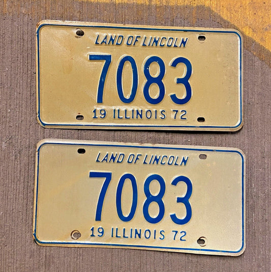 Photo of a 1972 Illinois License Plate Pair Auto Tag Garage Decor Vintage Low Number Four Digit 7083 with original patina