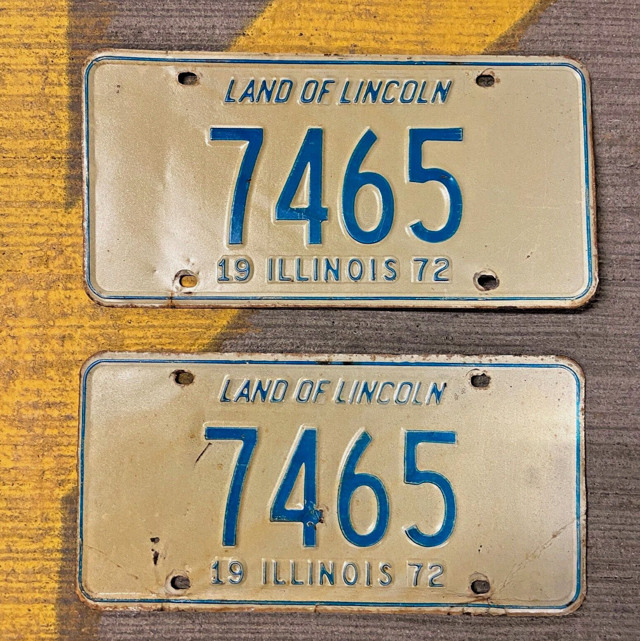Photo of a 1972 Illinois License Plate Pair Auto Tag Garage Decor Vintage Low Number Four Digit 7465 with original patina