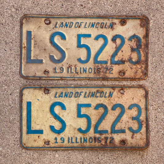 Photo of a 1972 Illinois License Plate Pair Auto Tag Garage Decor Vintage LS 5223 with original patina
