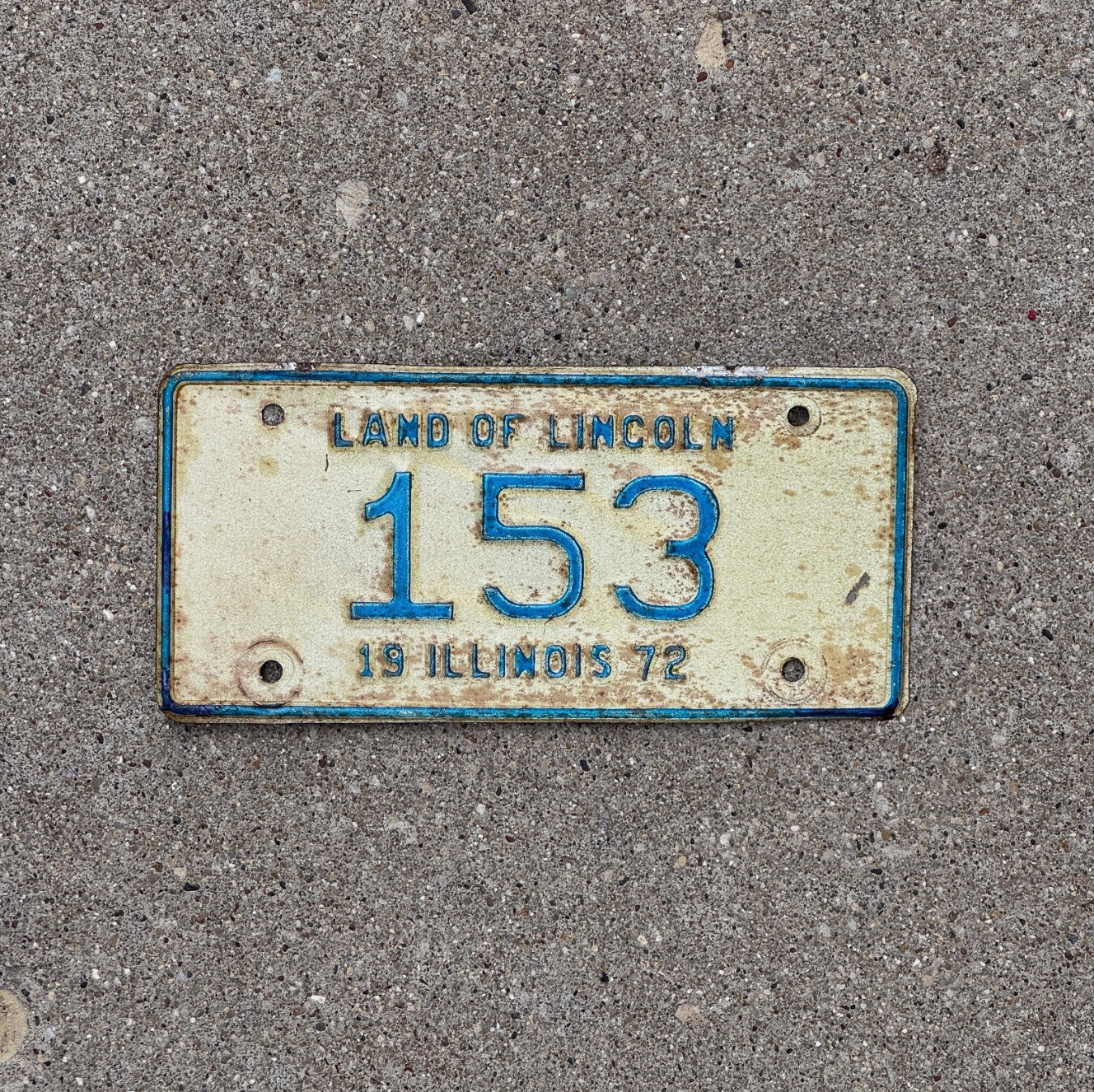 Photo of a 1972 Illinois Motorcycle License Plate Auto Tag Garage Decor Vintage Low Number Three Digit 153 with original patina