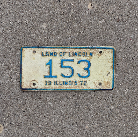 Photo of a 1972 Illinois Motorcycle License Plate Auto Tag Garage Decor Vintage Low Number Three Digit 153 with original patina