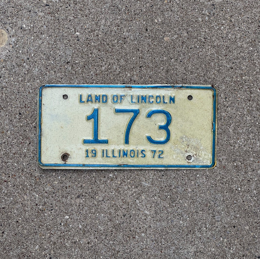 Photo of a 1972 Illinois Motorcycle License Plate Auto Tag Garage Decor Vintage Low Number Three Digit 173 with original patina
