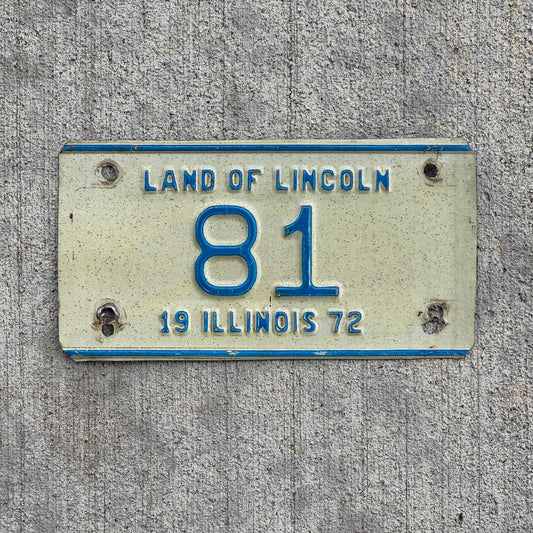 Photo of a 1972 Illinois Motorcycle License Plate Auto Tag Garage Decor Vintage Low Number Two Digit 81 with original patina