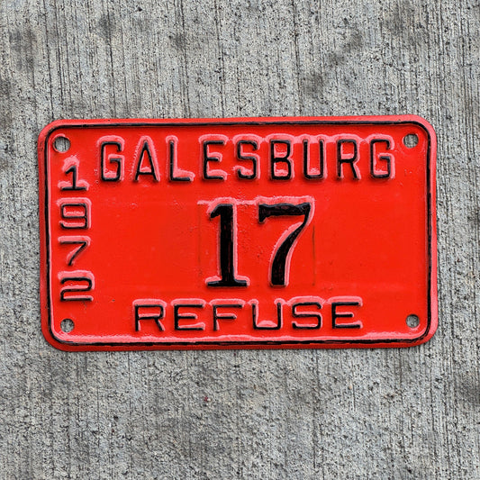 Photo of a 1972 Illinois Refuse License Plate Auto Tag Garage Decor Vintage Galesburg Garbage Sanitation 17 with original patina