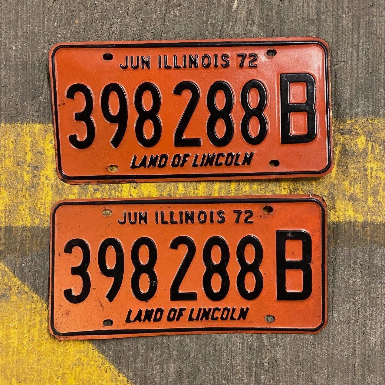 Photo of a 1972 Illinois Truck License Plate Pair Auto Tag Garage Decor Vintage 398 288 B with original patina