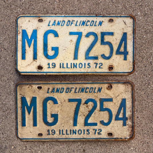 Photo of a 1972 Illinois Truck Mileage Tax License Plate Pair Auto Tag Garage Decor Vintage MG 7254 with original patina