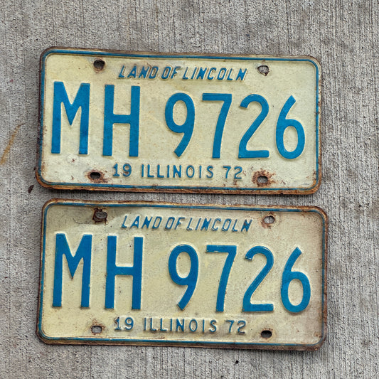 Photo of a 1972 Illinois Truck Mileage Tax License Plate Pair Auto Tag Garage Decor Vintage MH 9726 with original patina