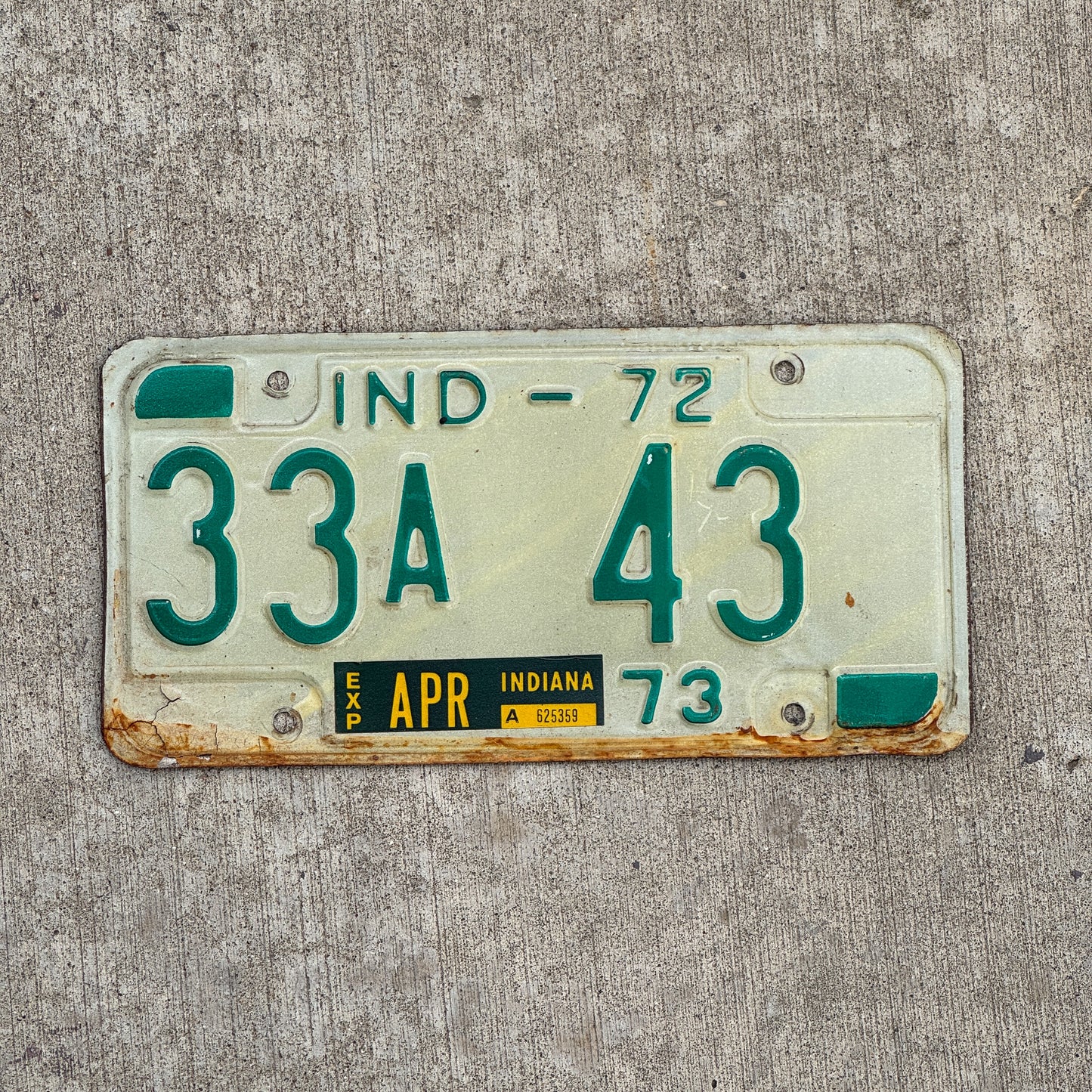 Photo of a 1972 Indiana License Plate Auto Tag Garage Decor Vintage 33 A 43 with original patina