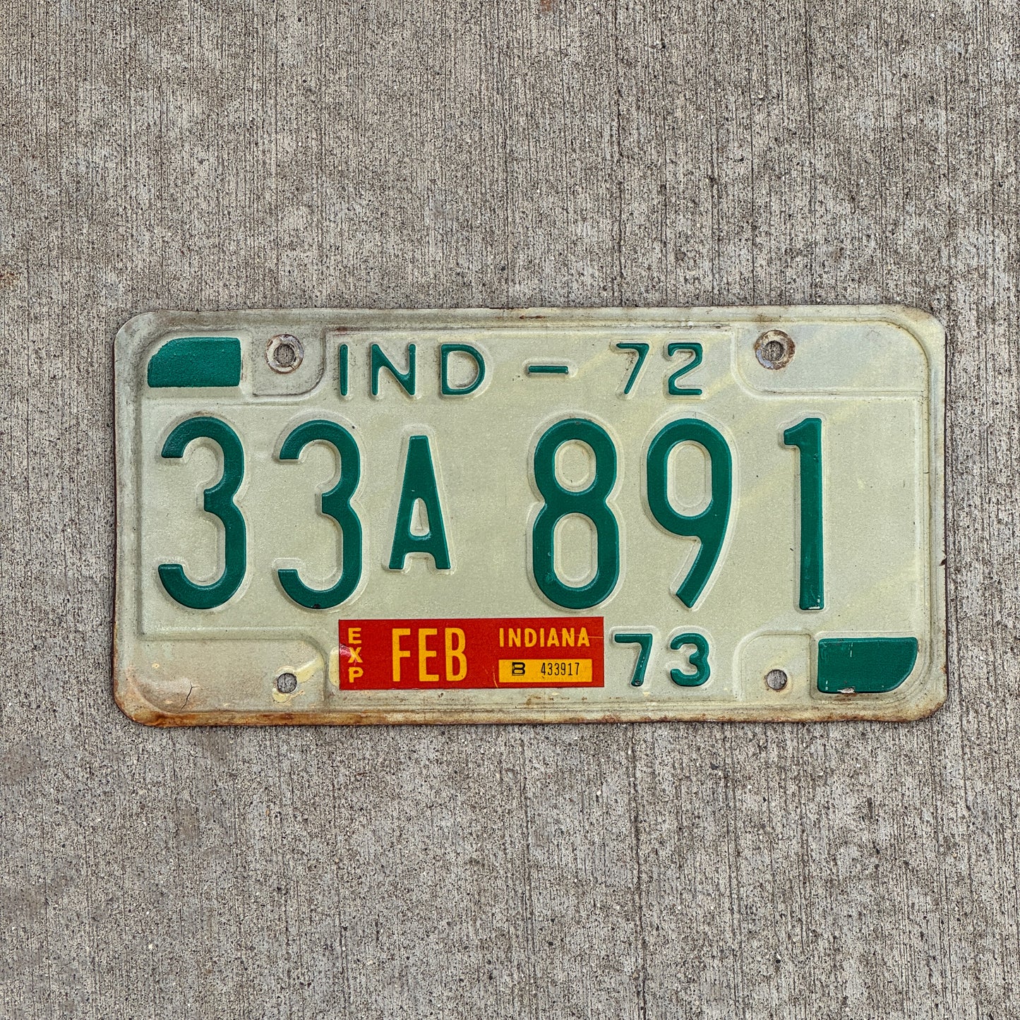 Photo of a 1972 Indiana License Plate Auto Tag Garage Decor Vintage 33 A 891 with original patina