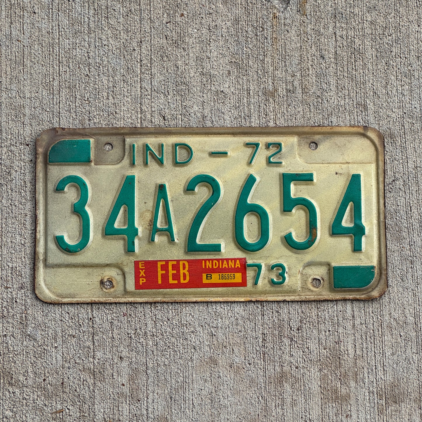 Photo of a 1972 Indiana License Plate Auto Tag Garage Decor Vintage 34 A 2654 with original patina