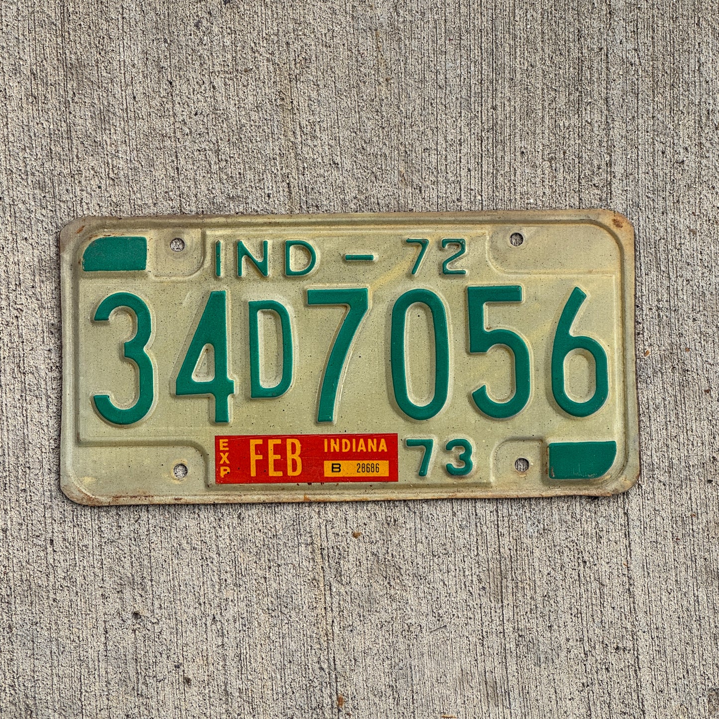 Photo of a 1972 Indiana License Plate Auto Tag Garage Decor Vintage 34 D 7056 with original patina