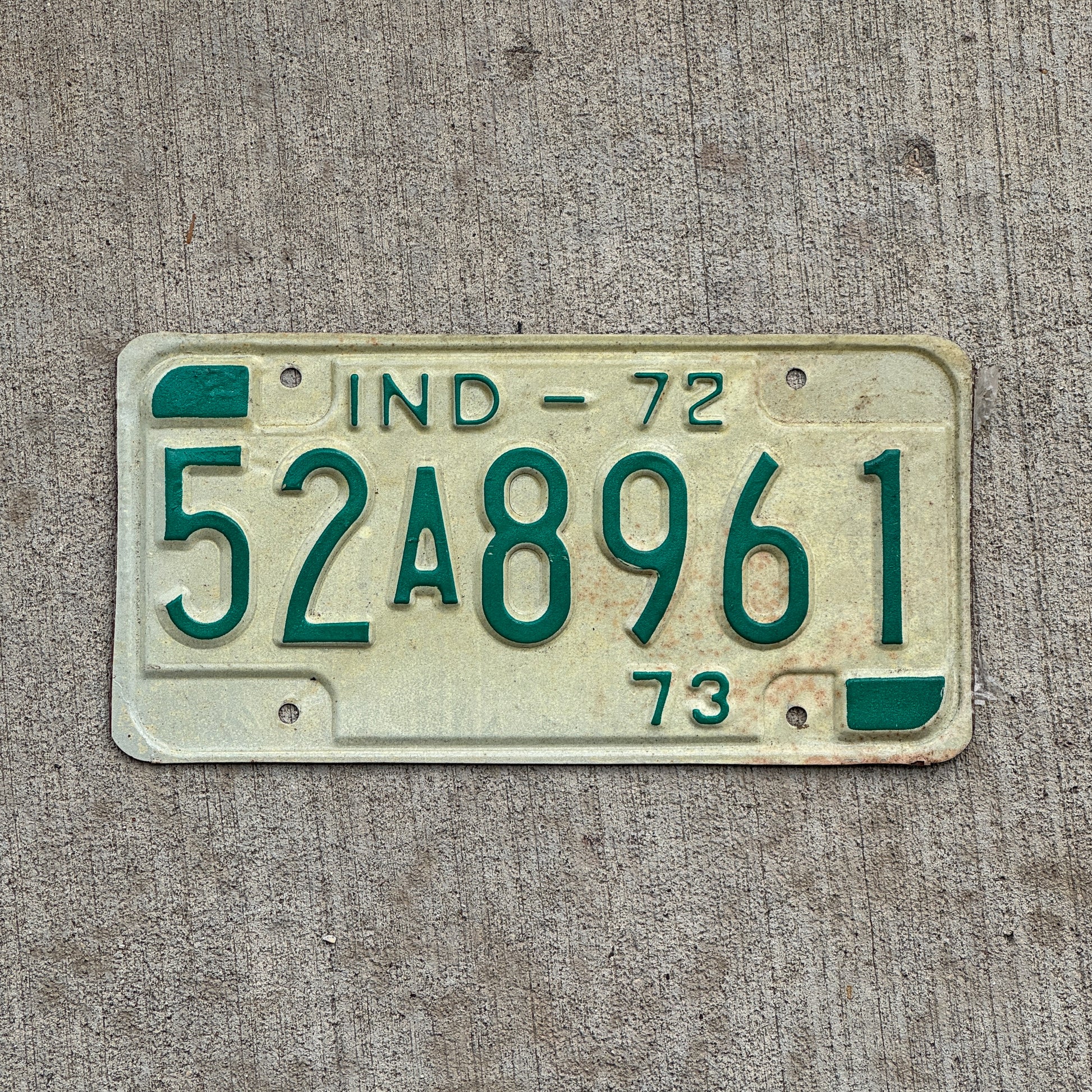 Photo of a 1972 Indiana License Plate Auto Tag Garage Decor Vintage 52 A 8961 with original patina