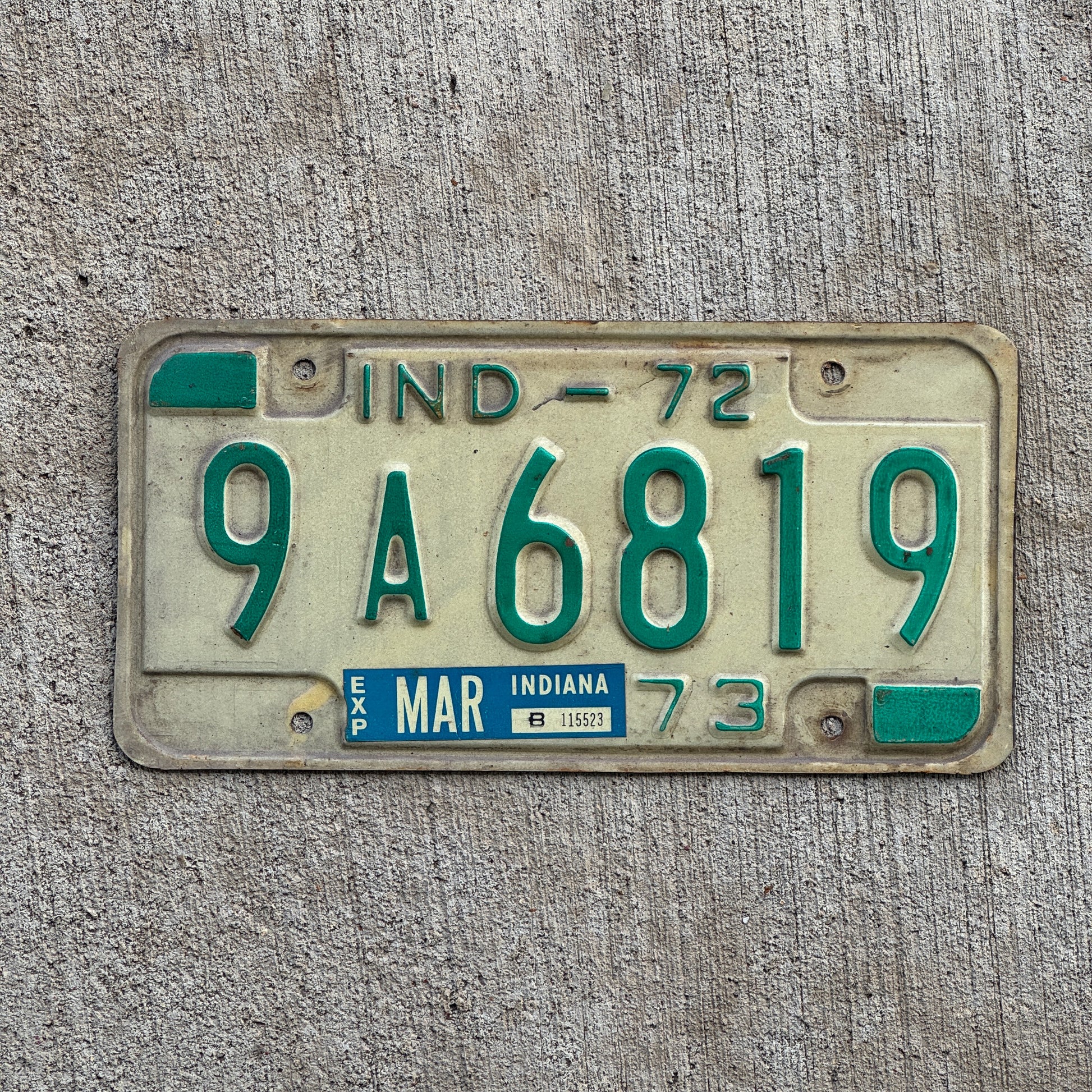 Photo of a 1972 Indiana License Plate Auto Tag Garage Decor Vintage 9 A 6819 with original patina