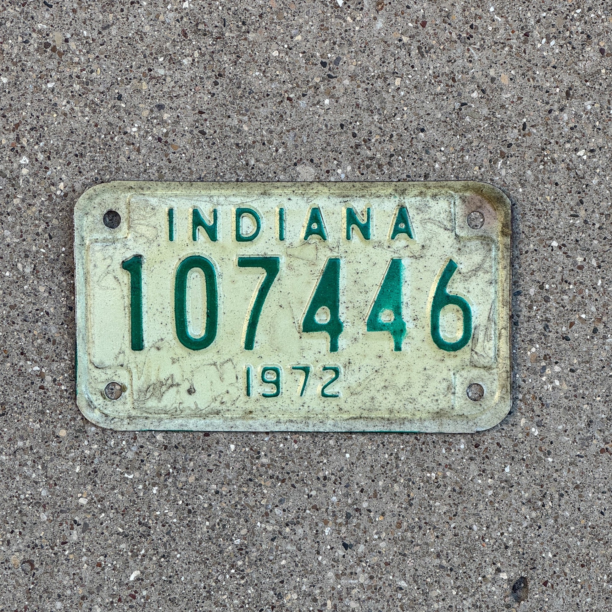 Photo of a 1972 Indiana Motorcycle License Plate Auto Tag Garage Decor Vintage 107446 with original patina