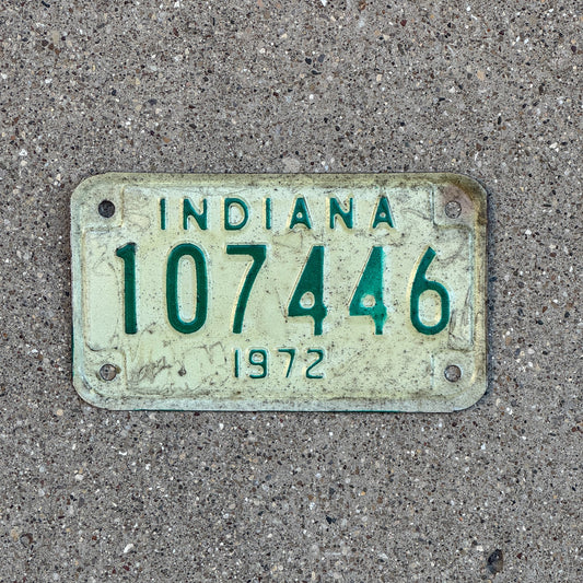 Photo of a 1972 Indiana Motorcycle License Plate Auto Tag Garage Decor Vintage 107446 with original patina