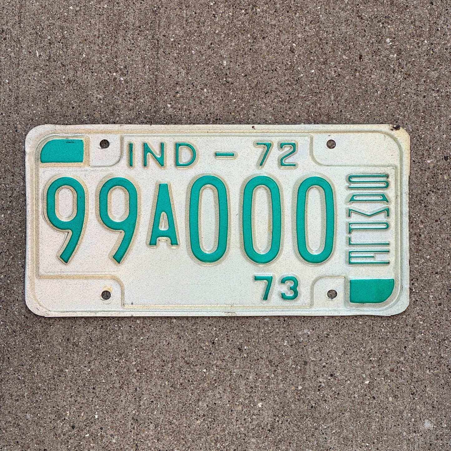 Photo of a 1972 Indiana Sample License Plate Auto Tag 1 Garage Decor 99A000 with original patina