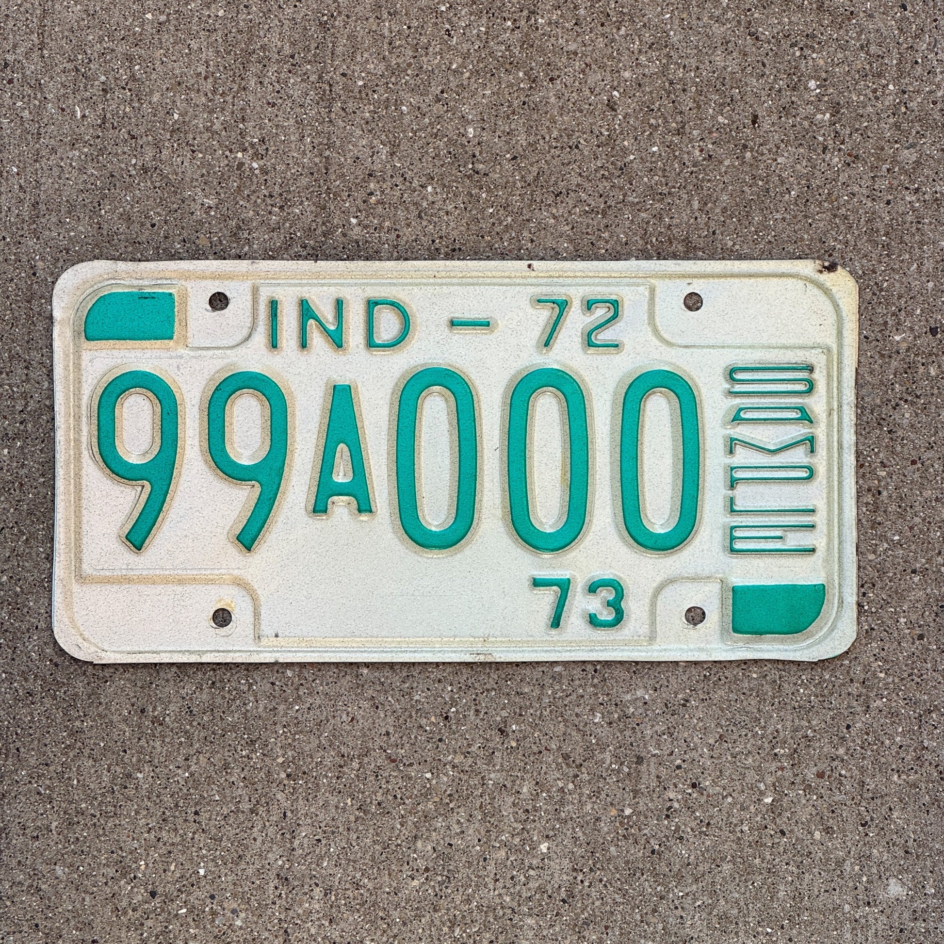 Photo of a 1972 Indiana Sample License Plate Auto Tag 1 Garage Decor 99A000 with original patina